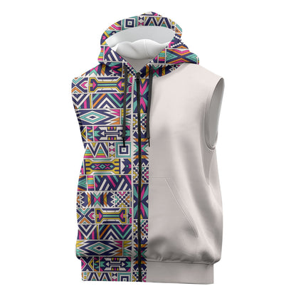 African Ndebele Art Patterns Sleeveless Zip Hoodie Beige Half Style