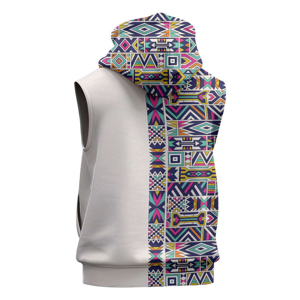 African Ndebele Art Patterns Sleeveless Zip Hoodie Beige Half Style