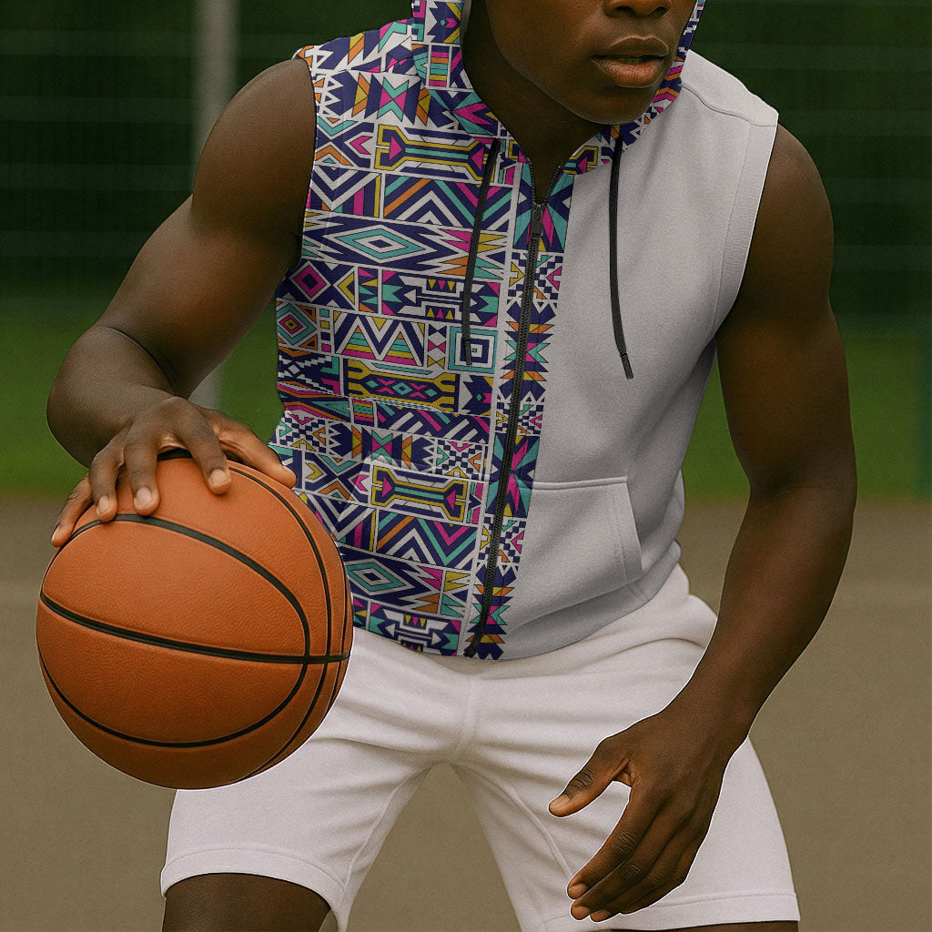 African Ndebele Art Patterns Sleeveless Zip Hoodie Beige Half Style