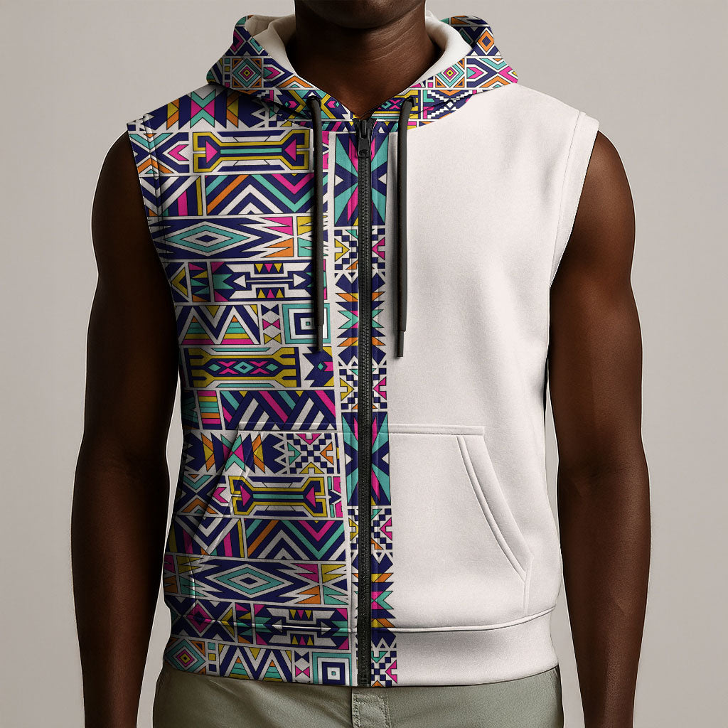 African Ndebele Art Patterns Sleeveless Zip Hoodie Beige Half Style