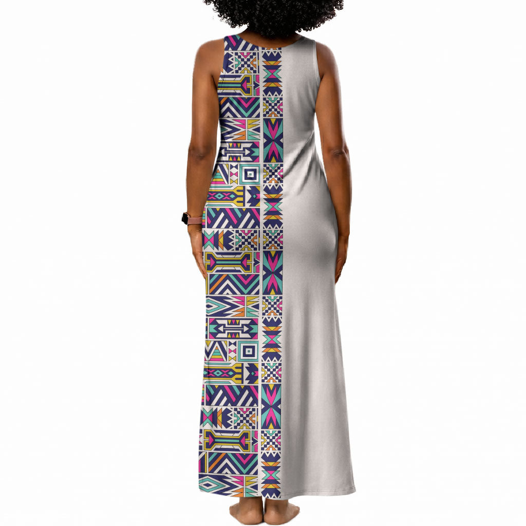 African Ndebele Art Patterns Tank Maxi Dress Beige Half Style