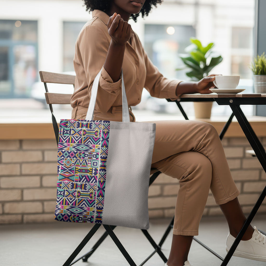 African Ndebele Art Patterns Tote Bag Beige Half Style
