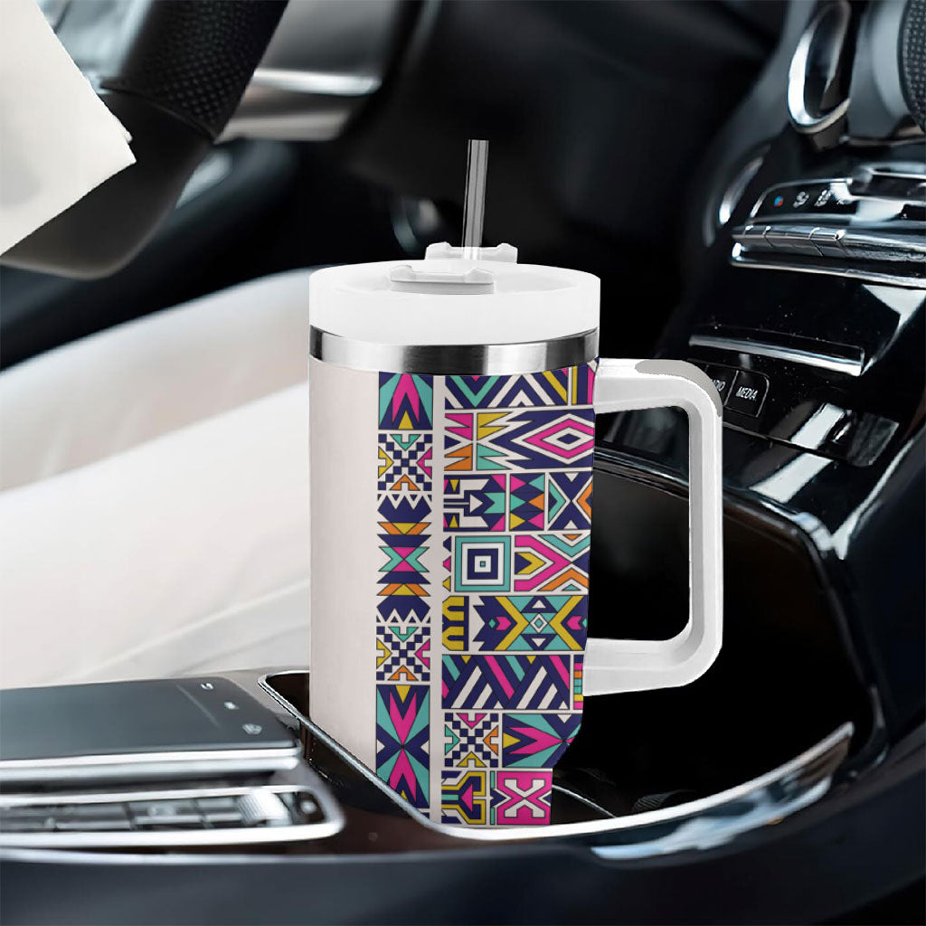 African Ndebele Art Patterns Tumbler With Handle Beige Half Style
