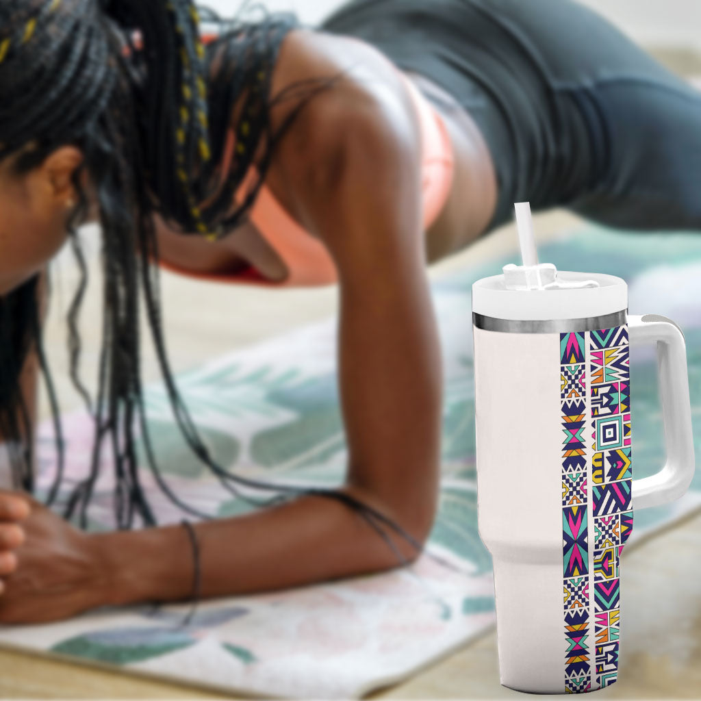 African Ndebele Art Patterns Tumbler With Handle Beige Half Style