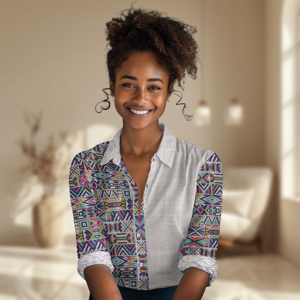 African Ndebele Art Patterns Women Casual Shirt Beige Half Style