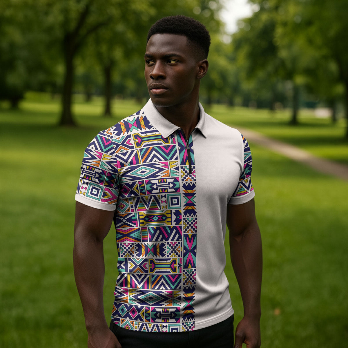 African Ndebele Art Patterns Zipper Polo Shirt Beige Half Style
