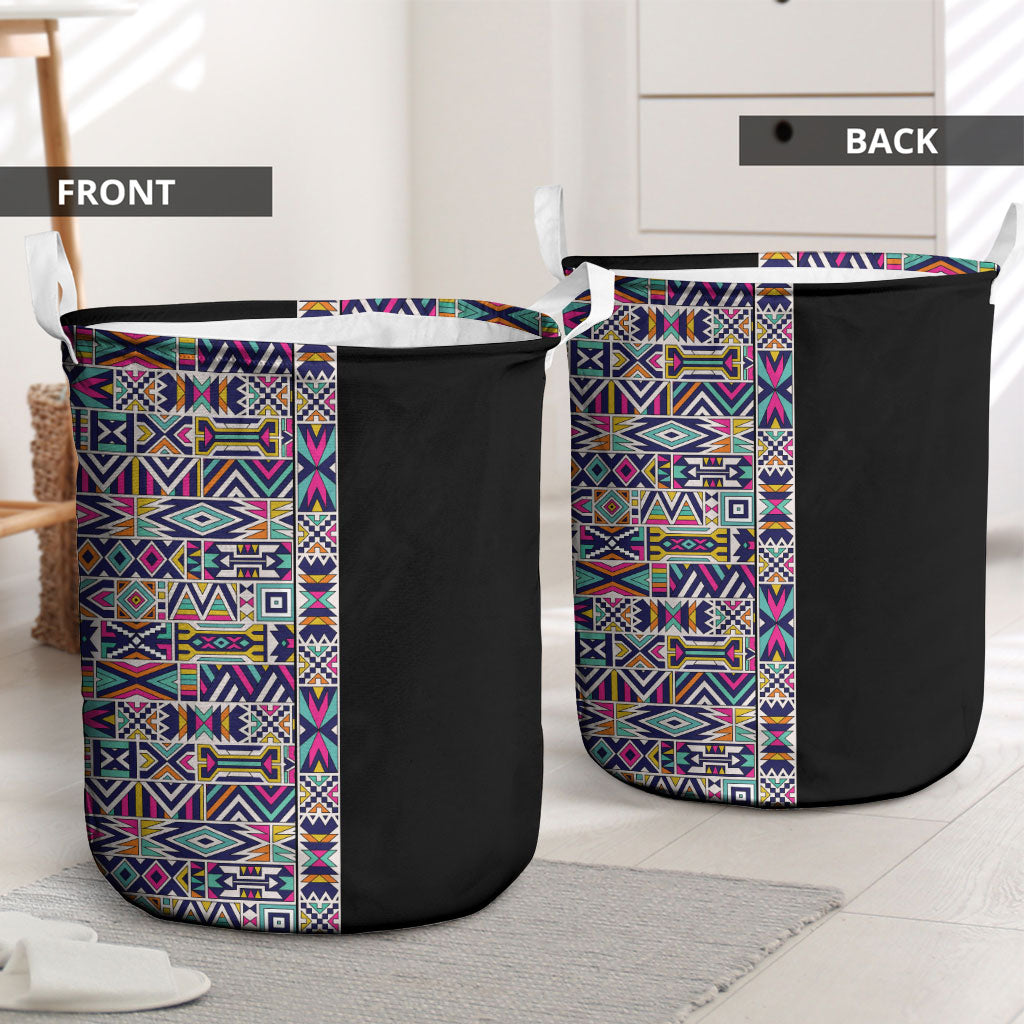 African Ndebele Art Patterns Laundry Basket Black Half Style