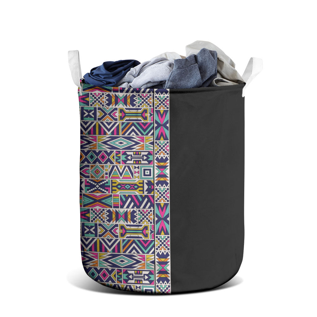 African Ndebele Art Patterns Laundry Basket Black Half Style