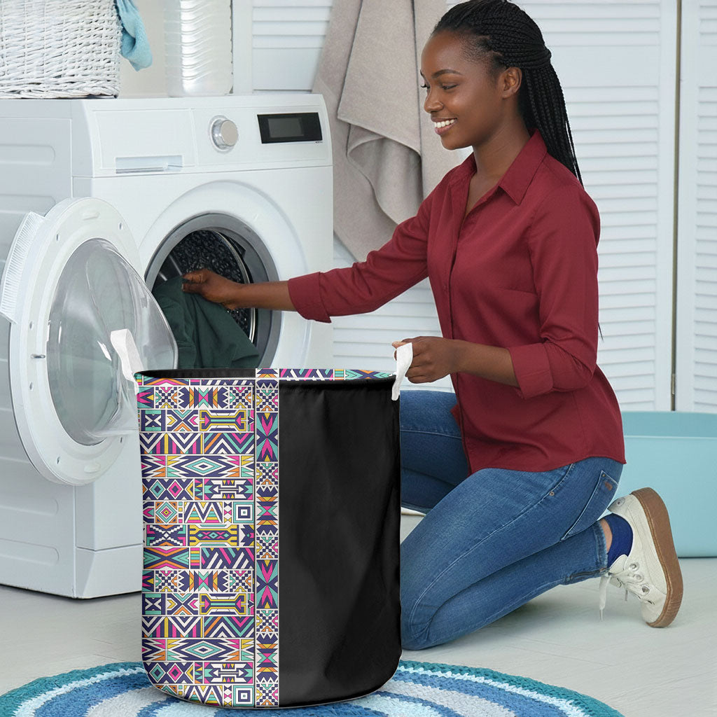 African Ndebele Art Patterns Laundry Basket Black Half Style