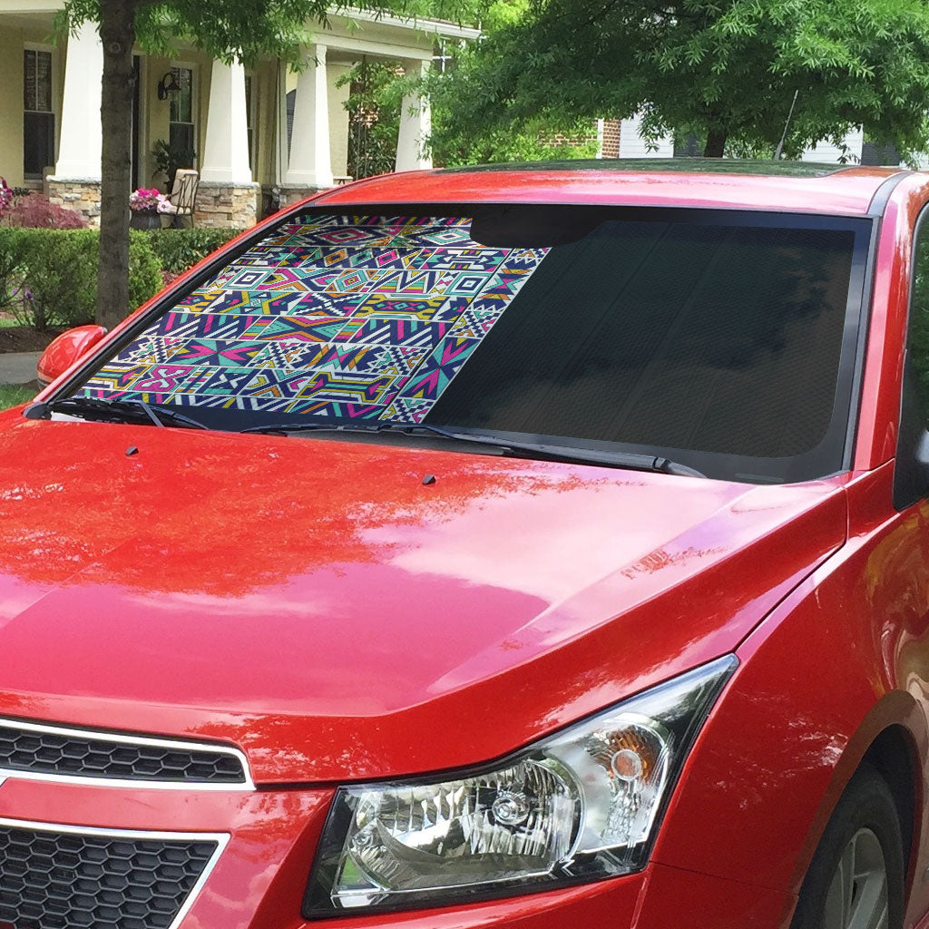 African Ndebele Art Patterns Auto Sun Shade Black Half Style
