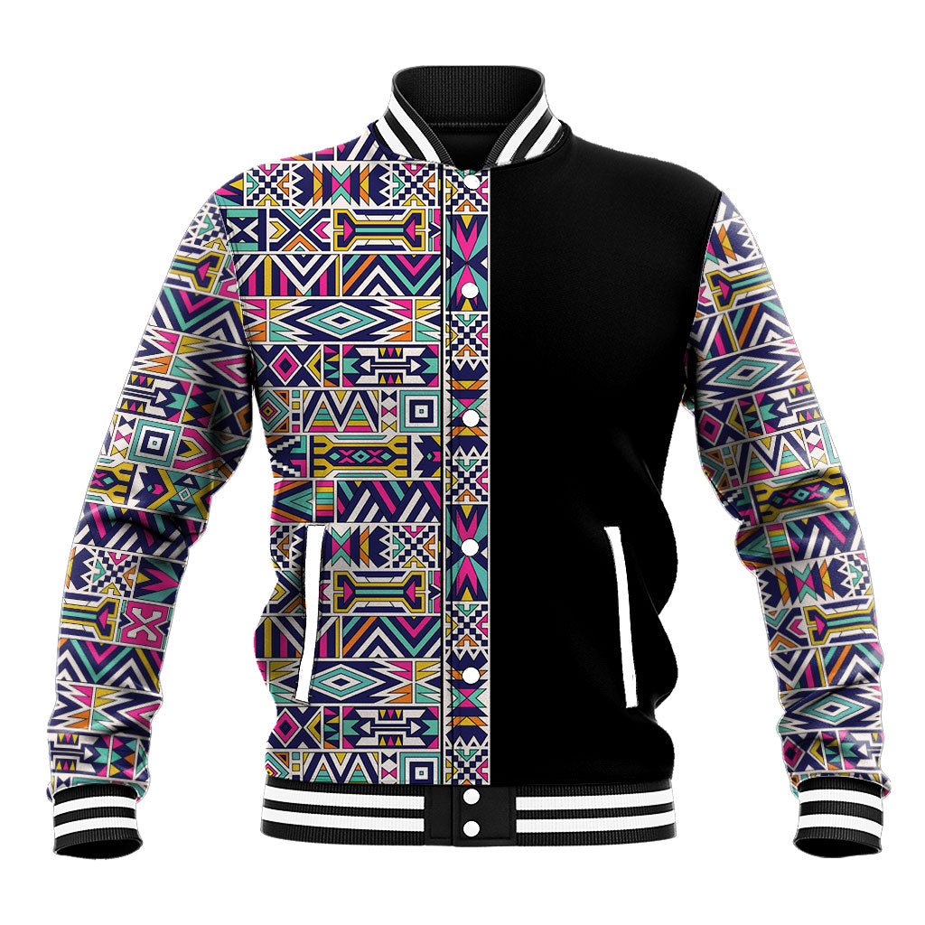 African Ndebele Art Patterns Baseball Jacket Black Half Style