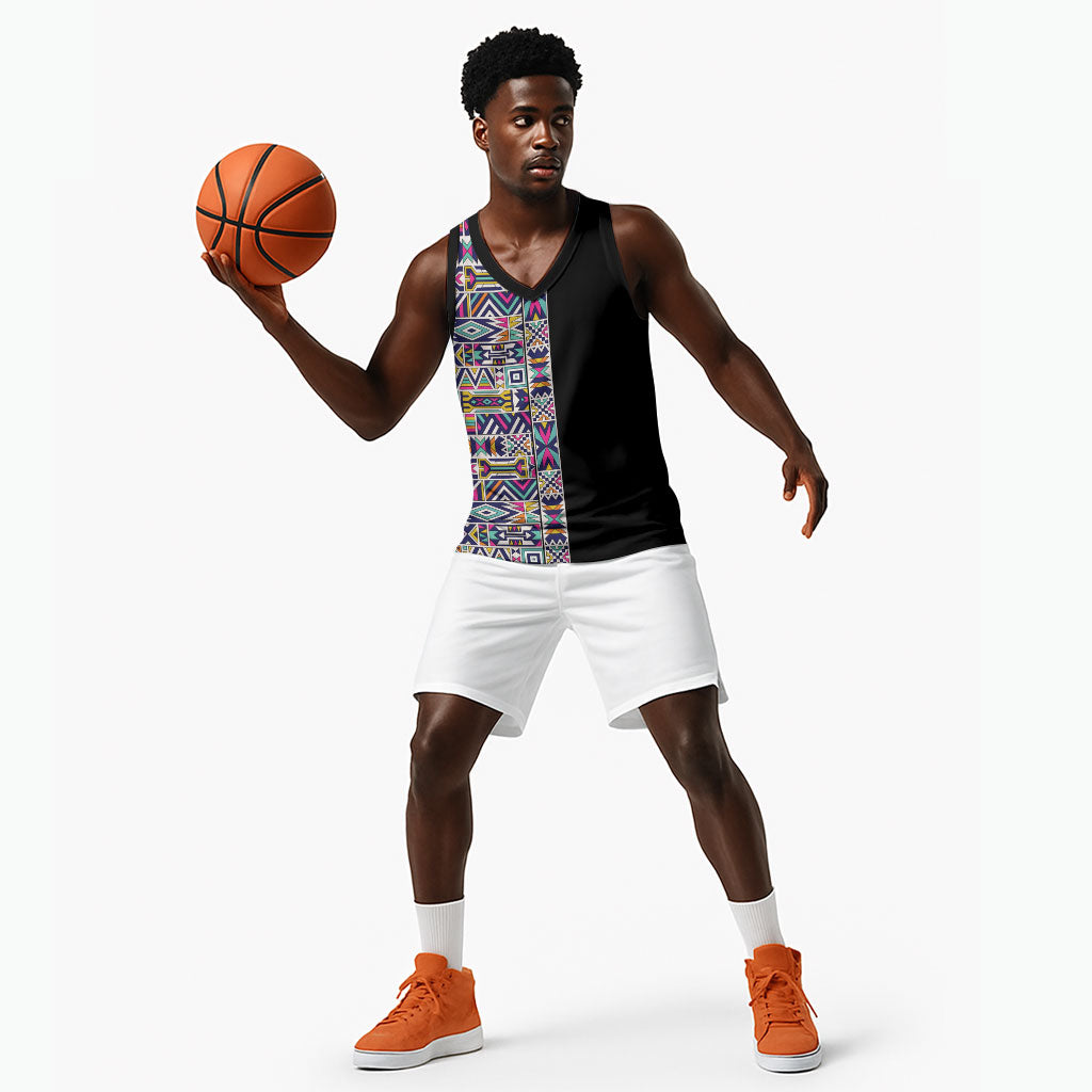 African Ndebele Art Patterns Basketball Jersey Black Half Style