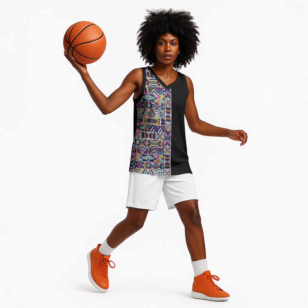 African Ndebele Art Patterns Basketball Jersey Black Half Style
