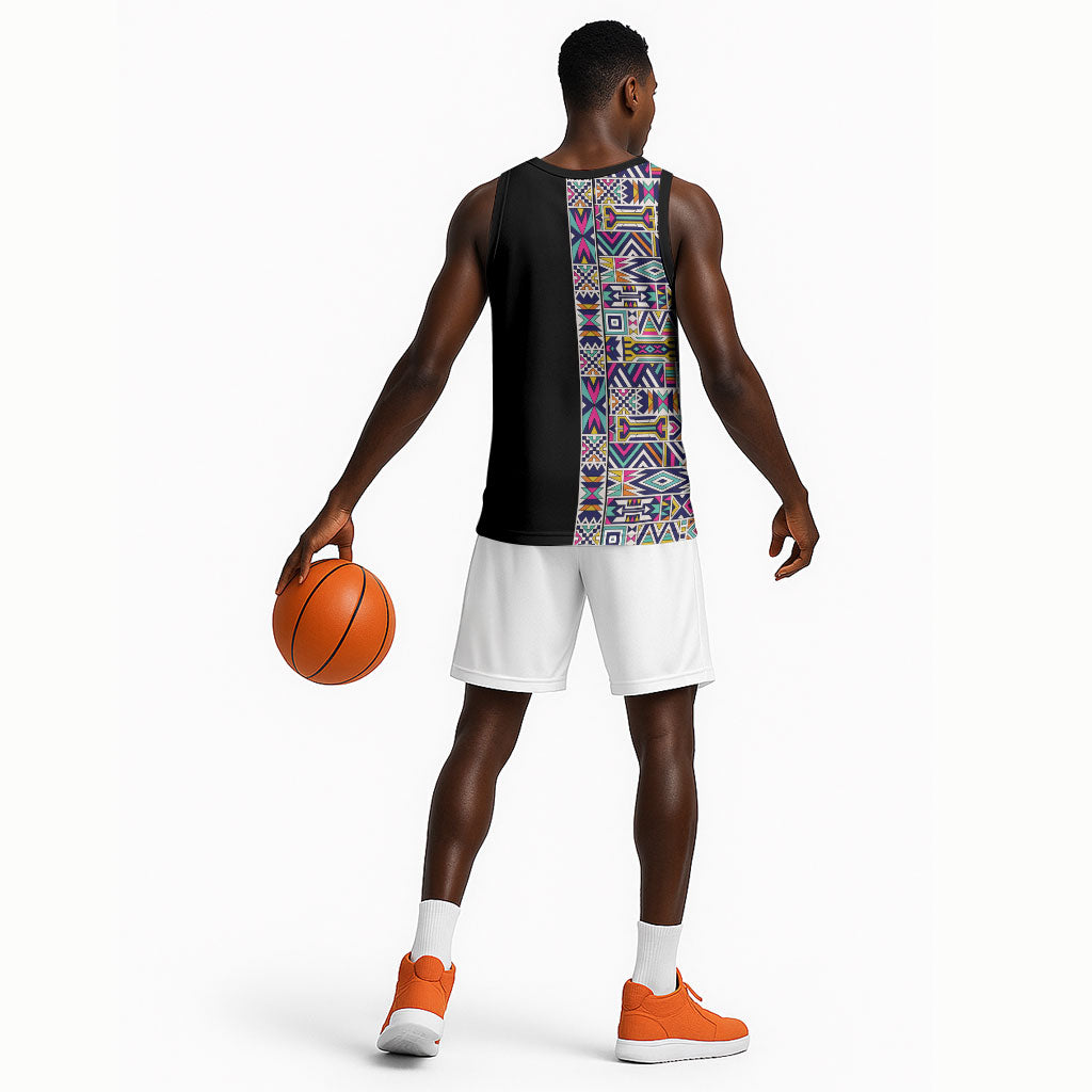 African Ndebele Art Patterns Basketball Jersey Black Half Style