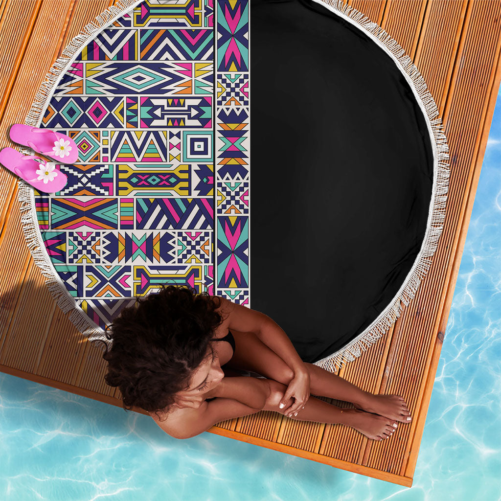 African Ndebele Art Patterns Beach Blanket Black Half Style