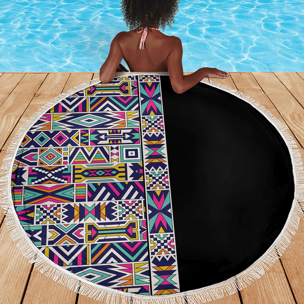African Ndebele Art Patterns Beach Blanket Black Half Style
