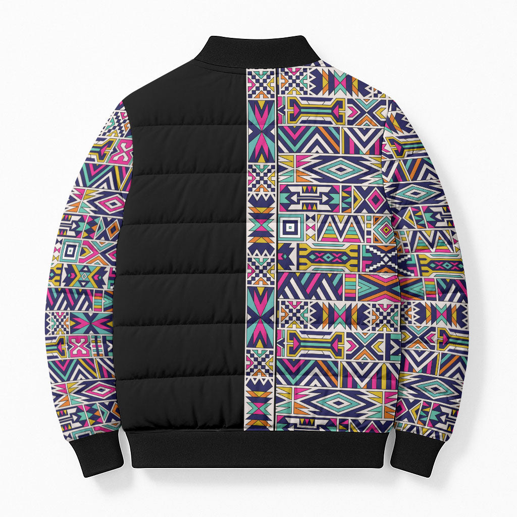 African Ndebele Art Patterns Bomber Puffer Jacket Black Half Style