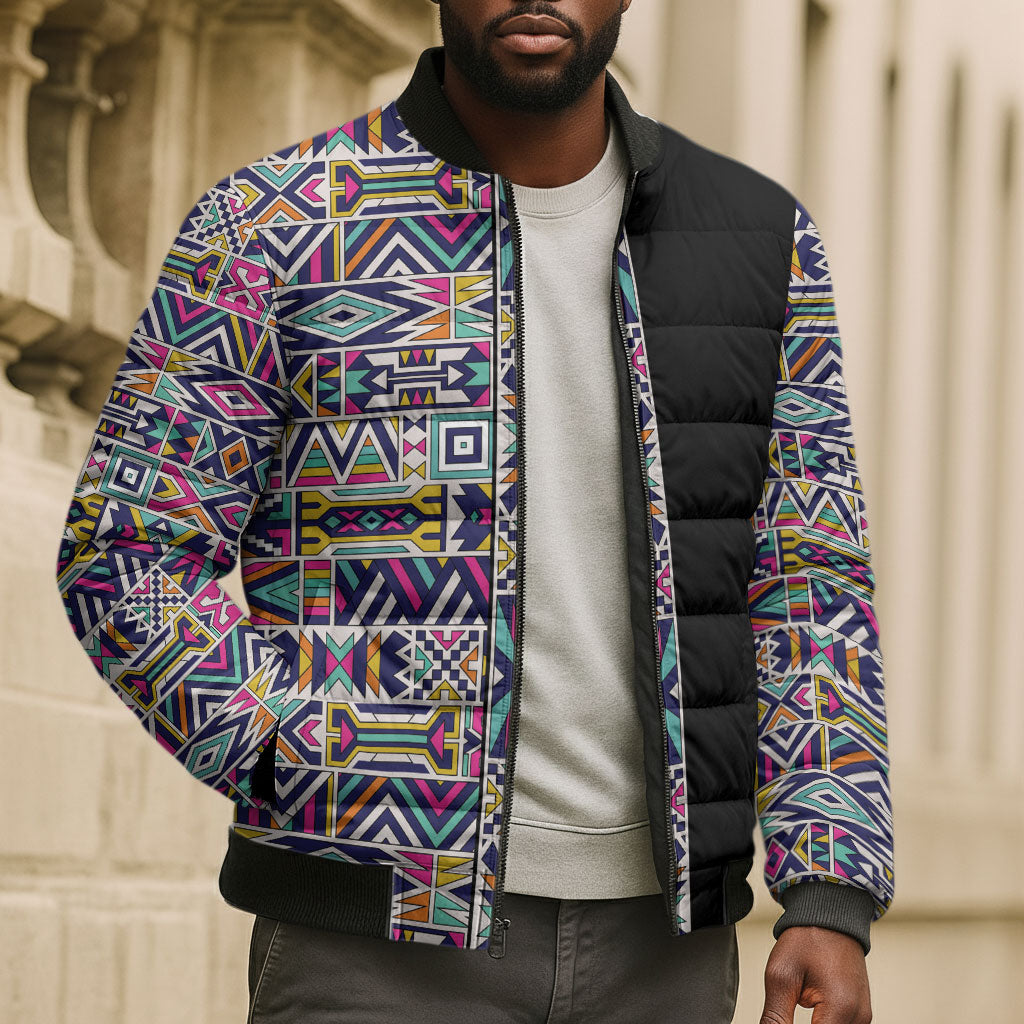 African Ndebele Art Patterns Bomber Puffer Jacket Black Half Style
