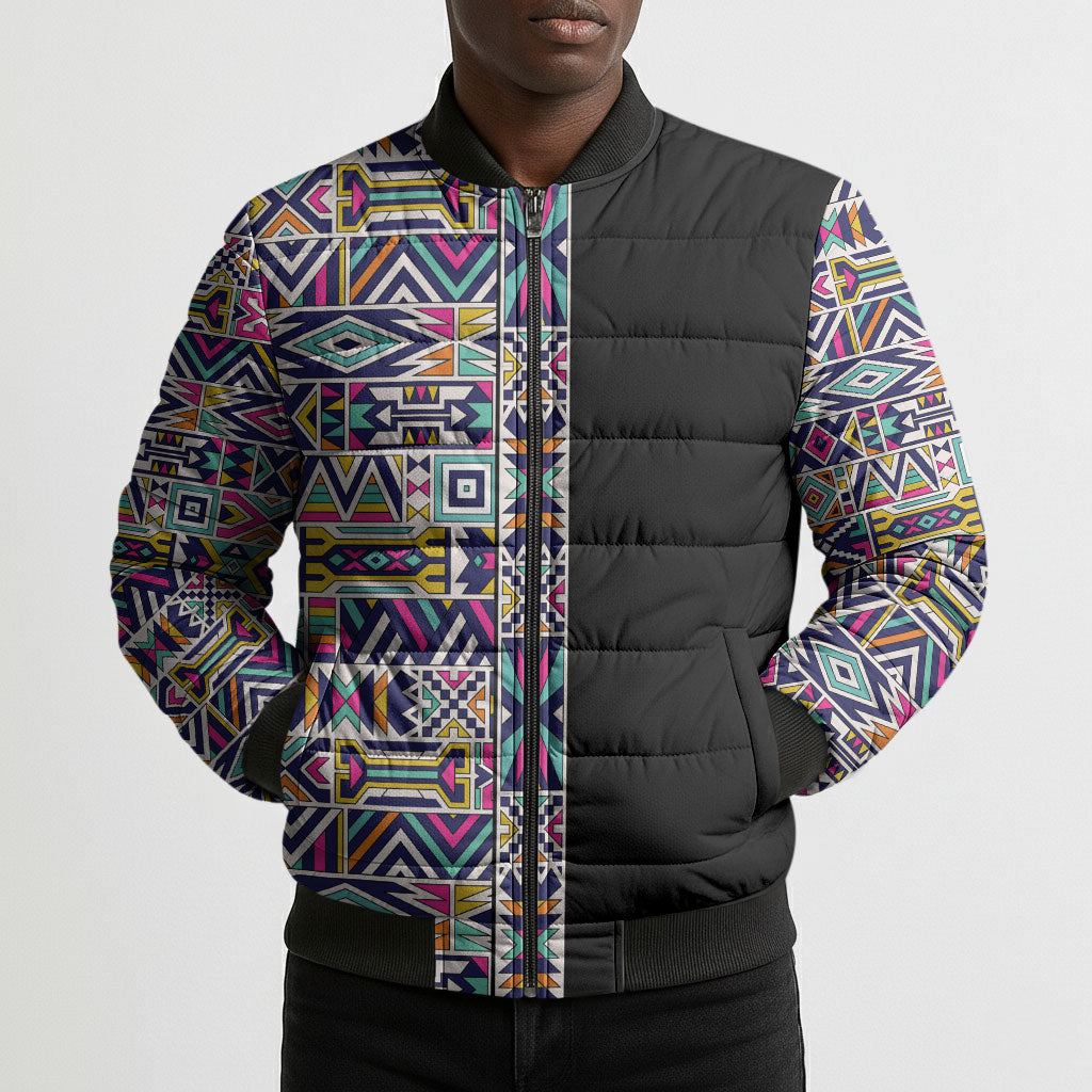 African Ndebele Art Patterns Bomber Puffer Jacket Black Half Style
