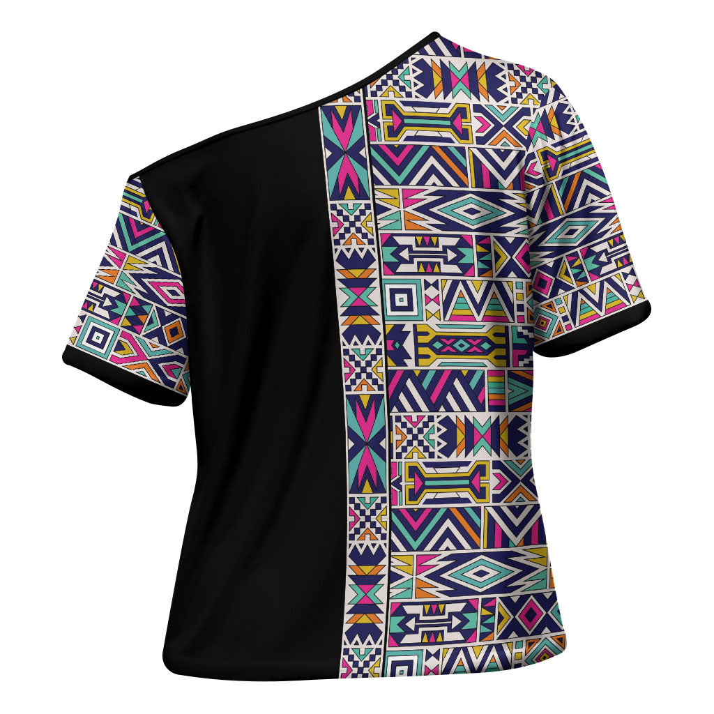 African Ndebele Art Patterns Cross Shoulder Shirt Black Half Style