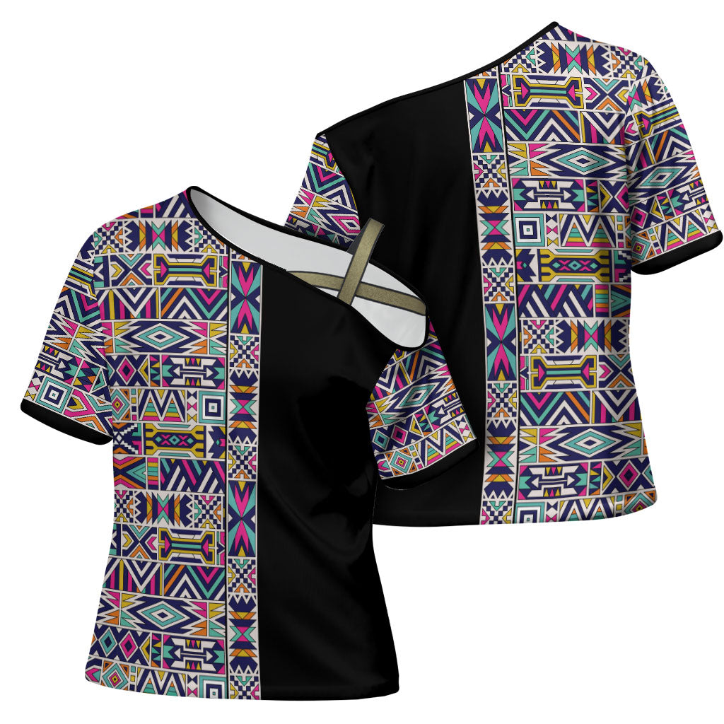 African Ndebele Art Patterns Cross Shoulder Shirt Black Half Style