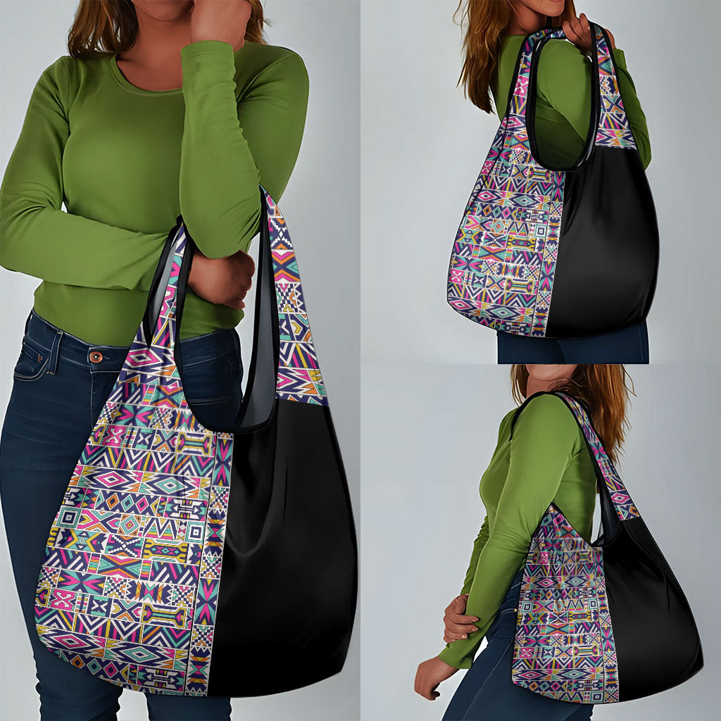 African Ndebele Art Patterns Grocery Bag Black Half Style