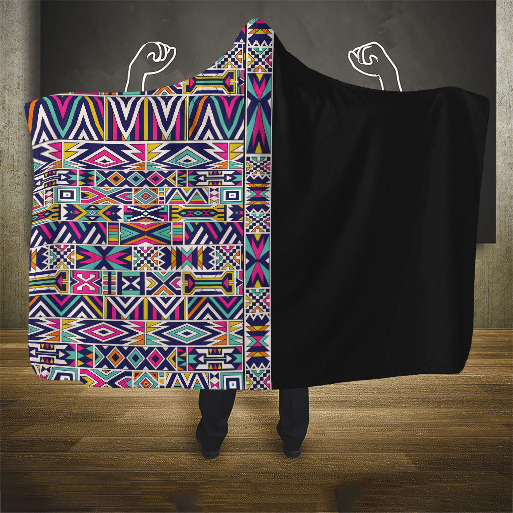 African Ndebele Art Patterns Hooded Blanket Black Half Style
