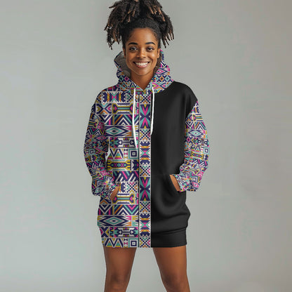African Ndebele Art Patterns Hoodie Dress Black Half Style