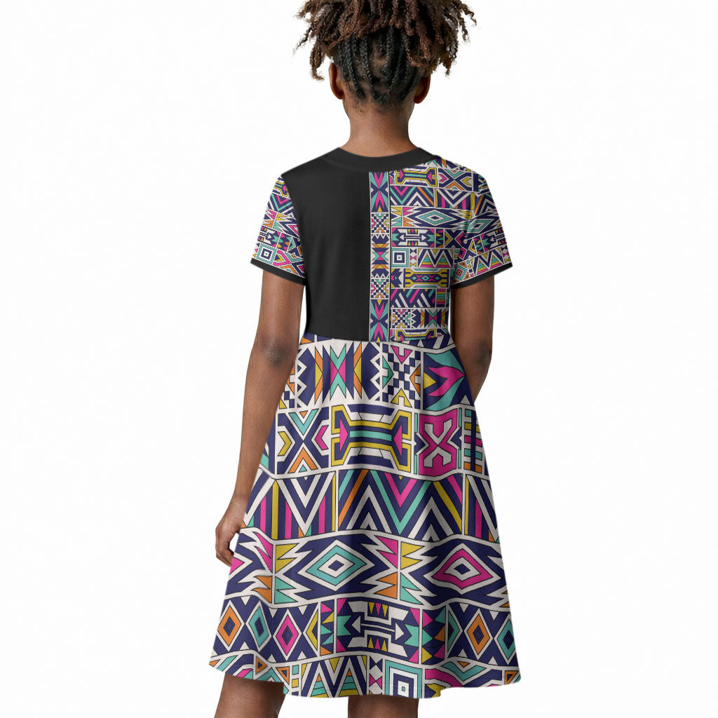 African Ndebele Art Patterns Kid Short Sleeve Dress Black Half Style