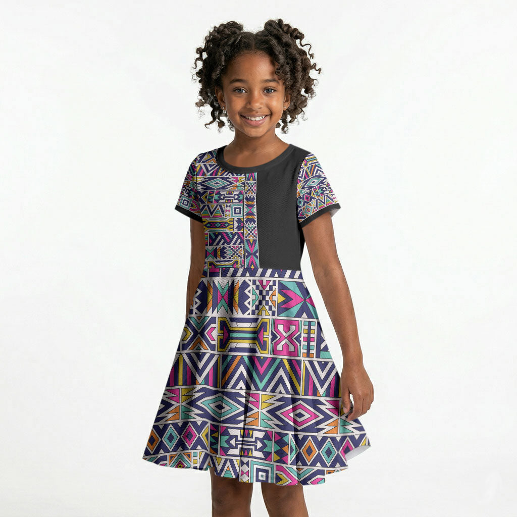 African Ndebele Art Patterns Kid Short Sleeve Dress Black Half Style