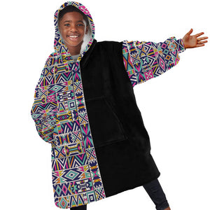 African Ndebele Art Patterns Kid Wearable Blanket Hoodie Black Half Style