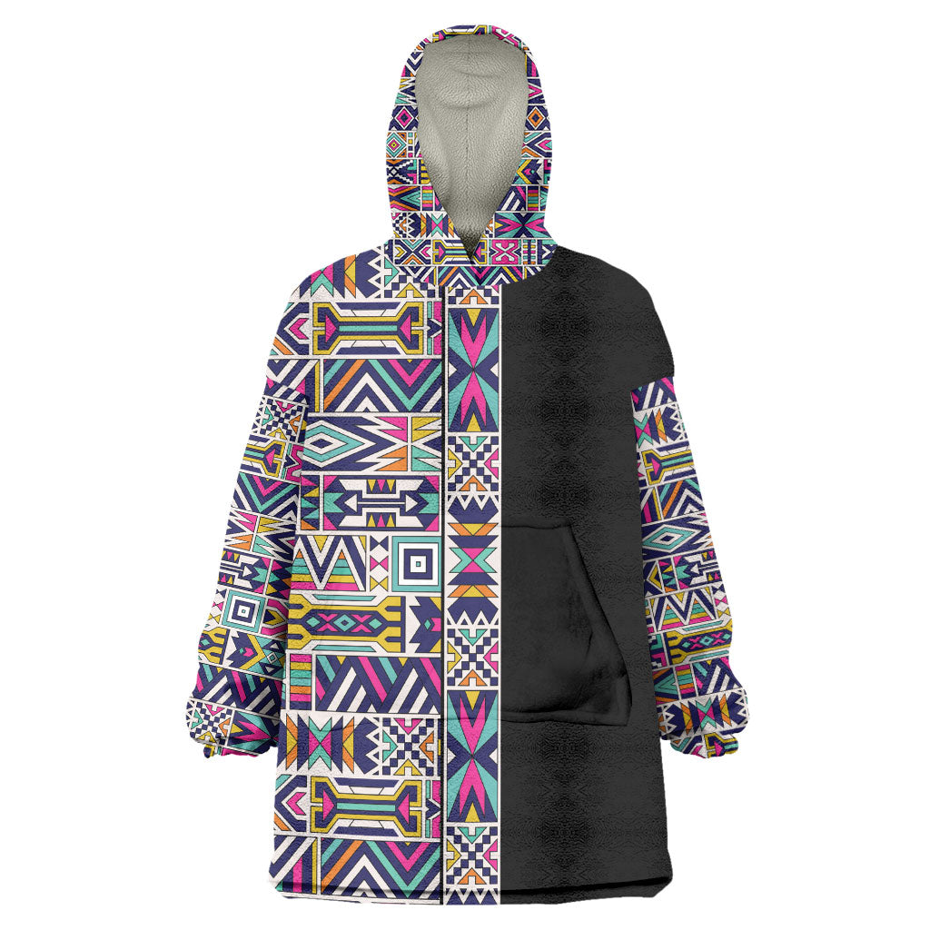 African Ndebele Art Patterns Kid Wearable Blanket Hoodie Black Half Style