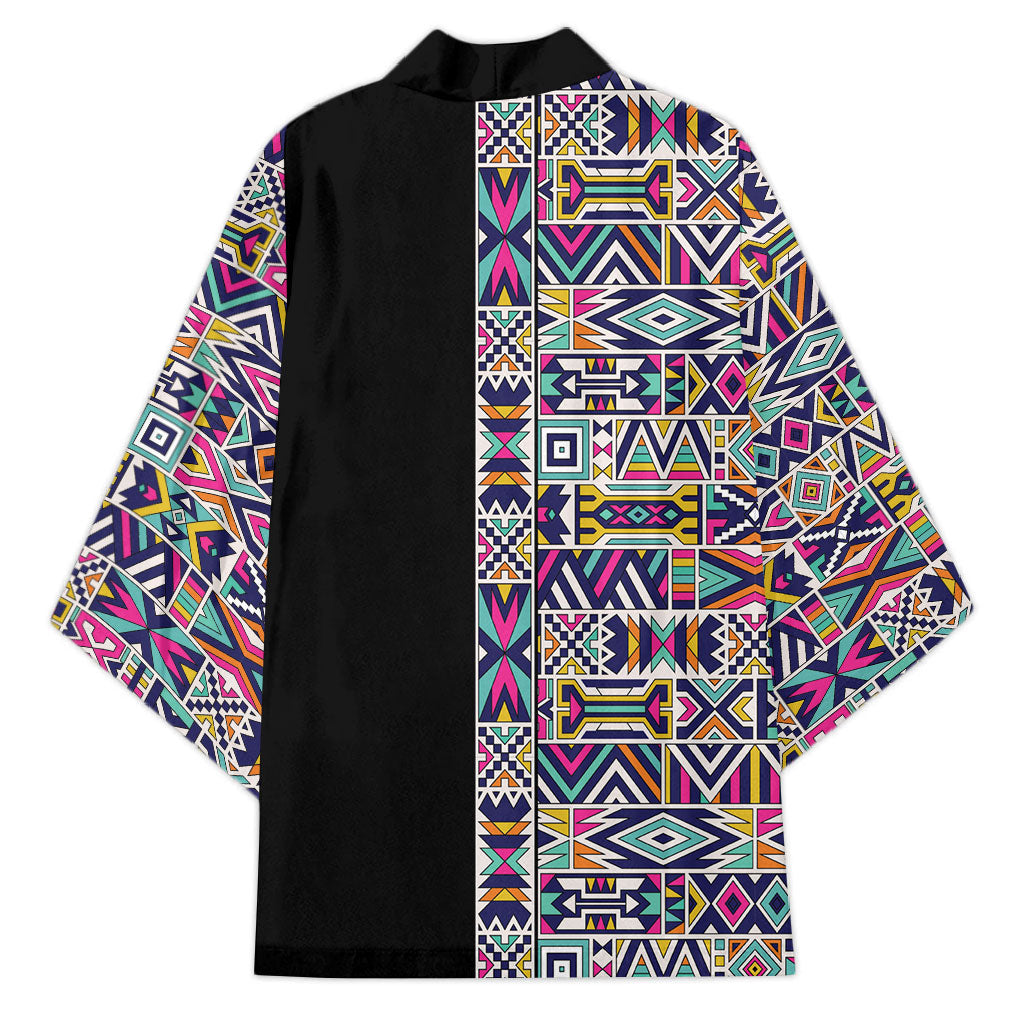 African Ndebele Art Patterns Kimono Black Half Style