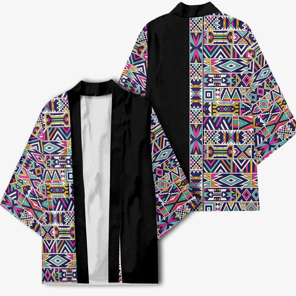 African Ndebele Art Patterns Kimono Black Half Style