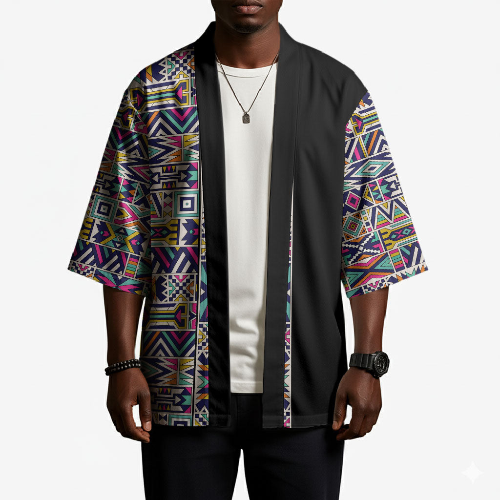 African Ndebele Art Patterns Kimono Black Half Style