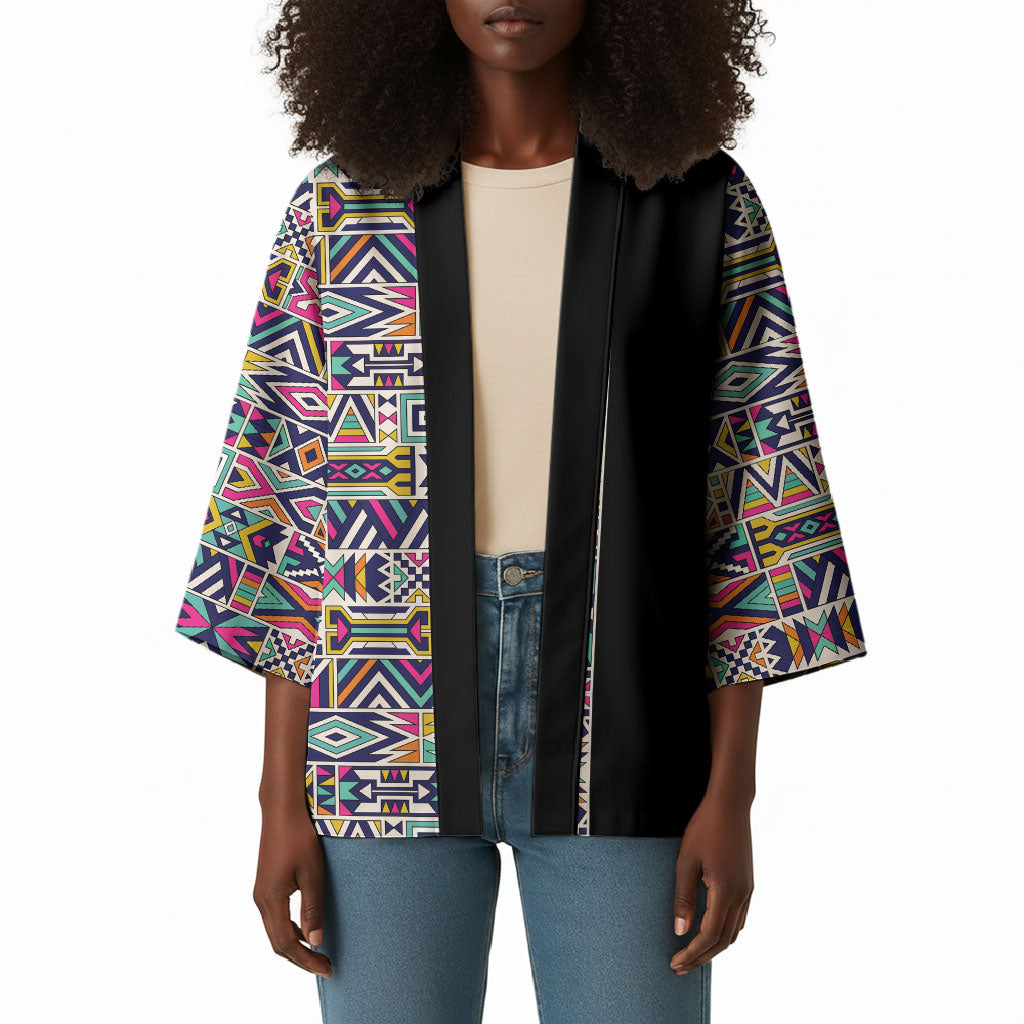 African Ndebele Art Patterns Kimono Black Half Style