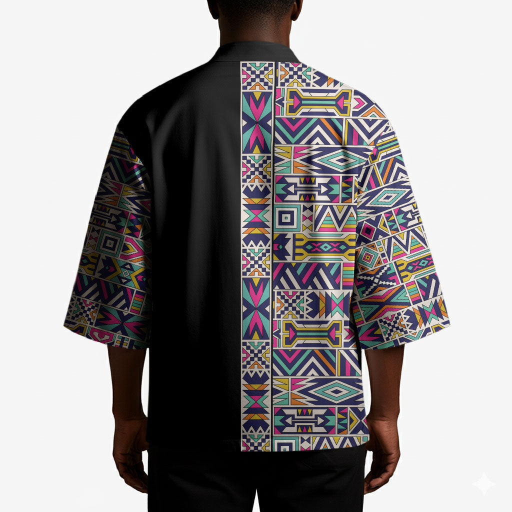 African Ndebele Art Patterns Kimono Black Half Style