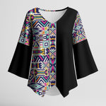 African Ndebele Art Patterns Kimono Sleeve Blouse Black Half Style