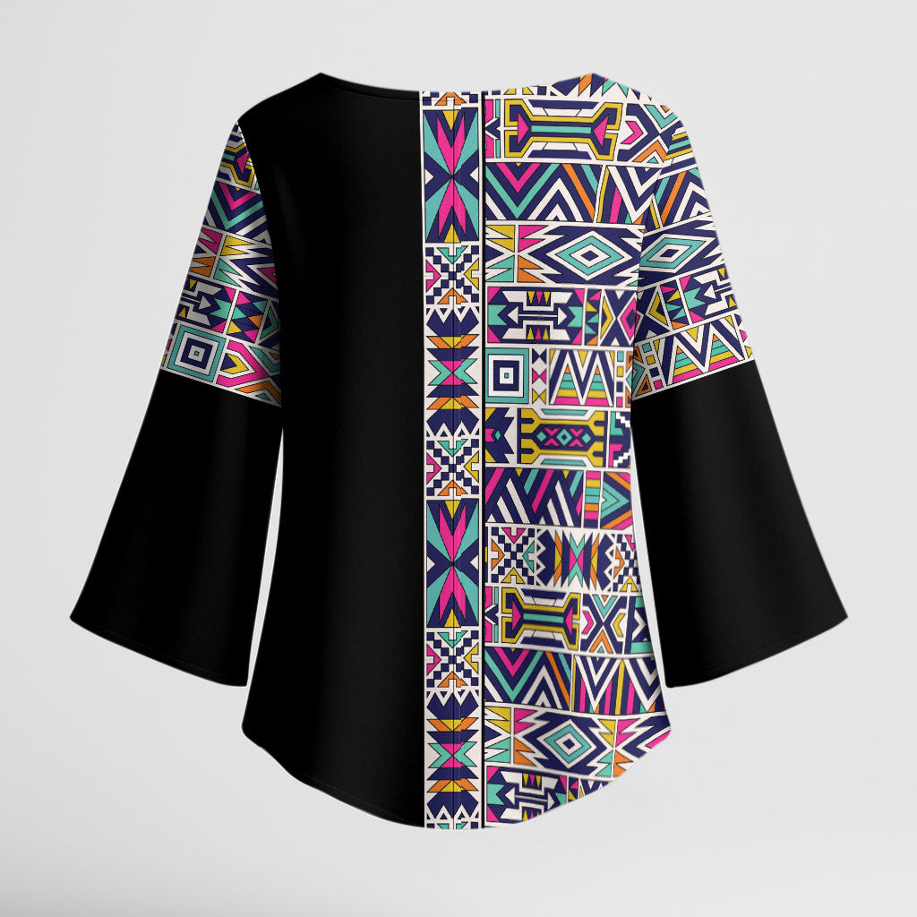 African Ndebele Art Patterns Kimono Sleeve Blouse Black Half Style