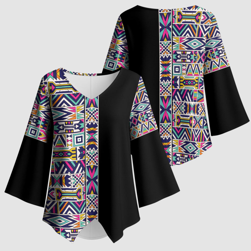 African Ndebele Art Patterns Kimono Sleeve Blouse Black Half Style