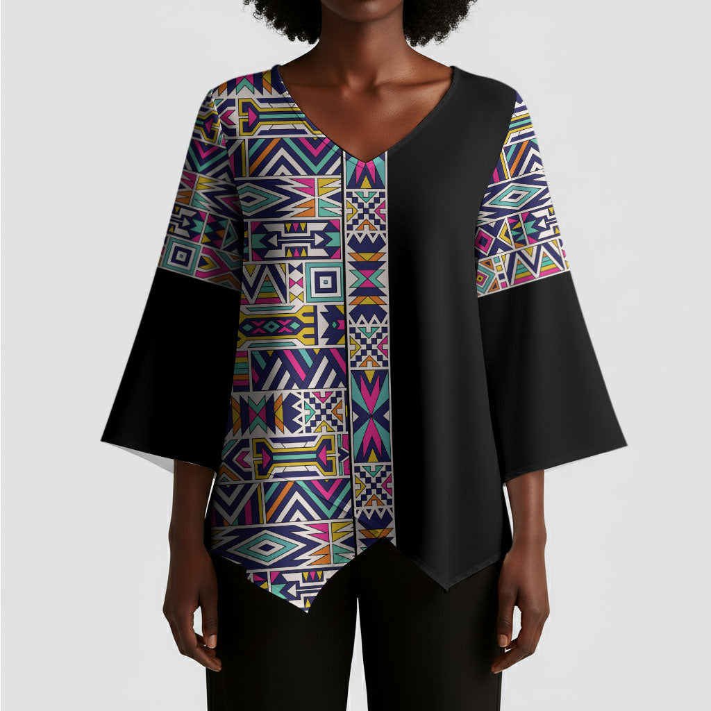 African Ndebele Art Patterns Kimono Sleeve Blouse Black Half Style