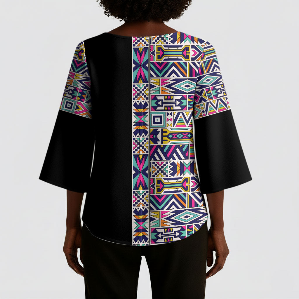 African Ndebele Art Patterns Kimono Sleeve Blouse Black Half Style