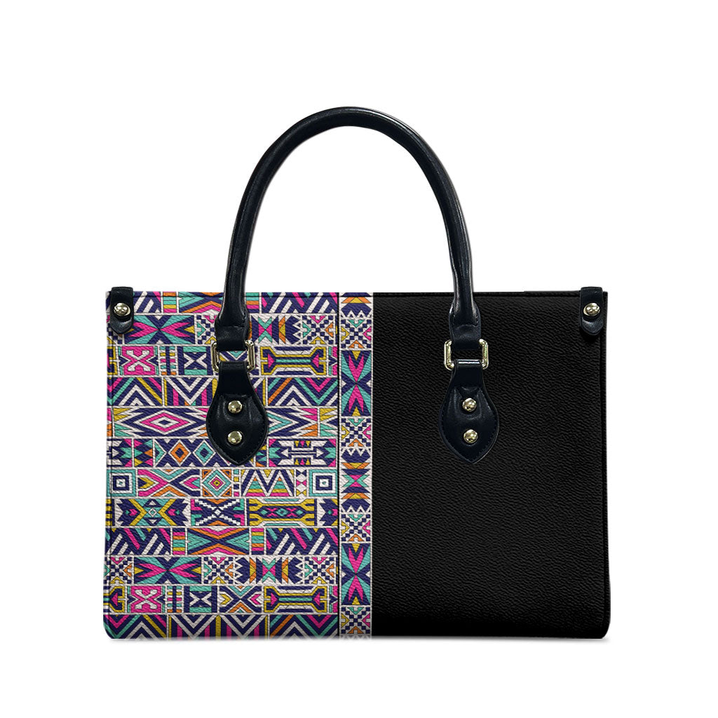 African Ndebele Art Patterns Leather Bag Black Half Style