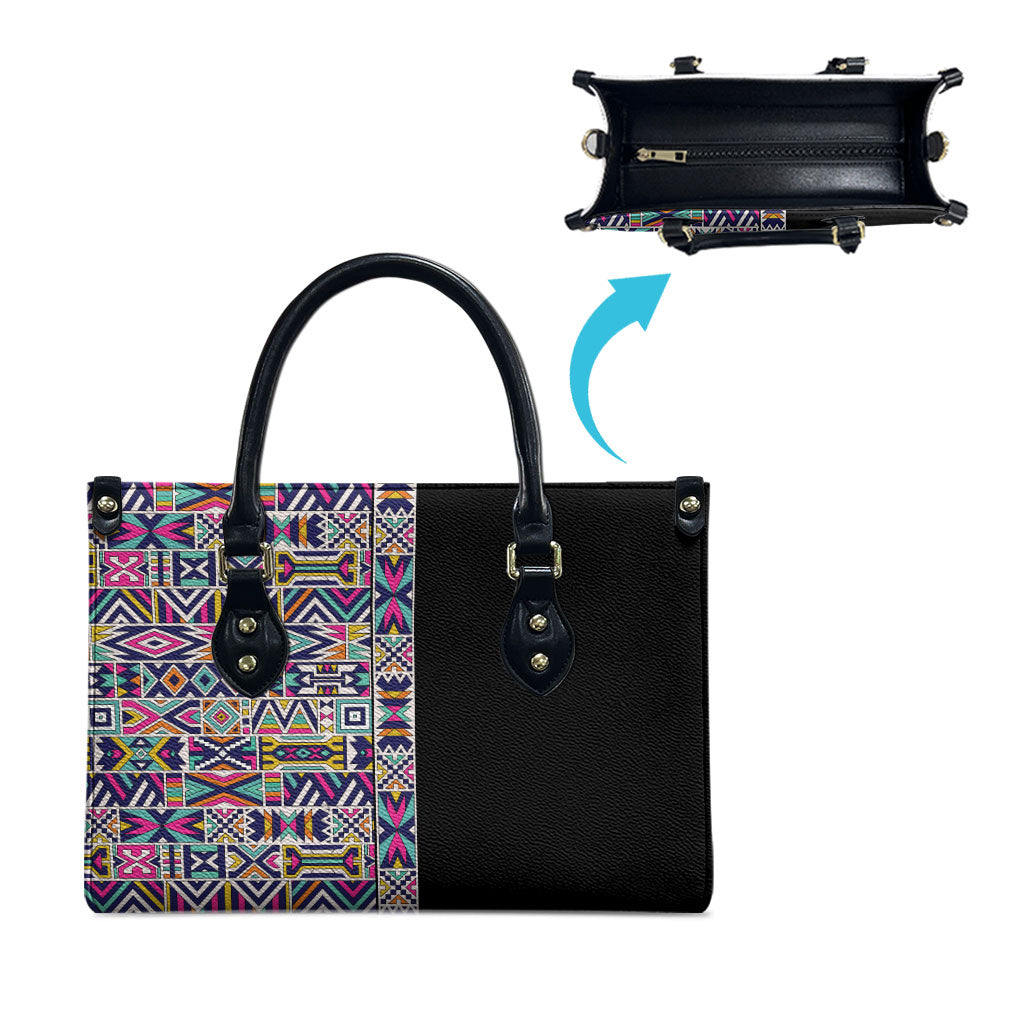 African Ndebele Art Patterns Leather Bag Black Half Style