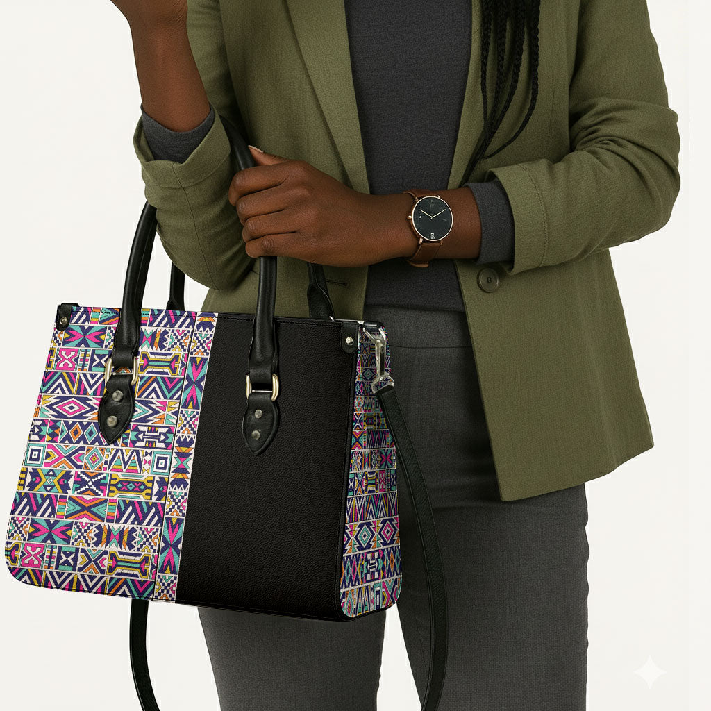 African Ndebele Art Patterns Leather Bag Black Half Style