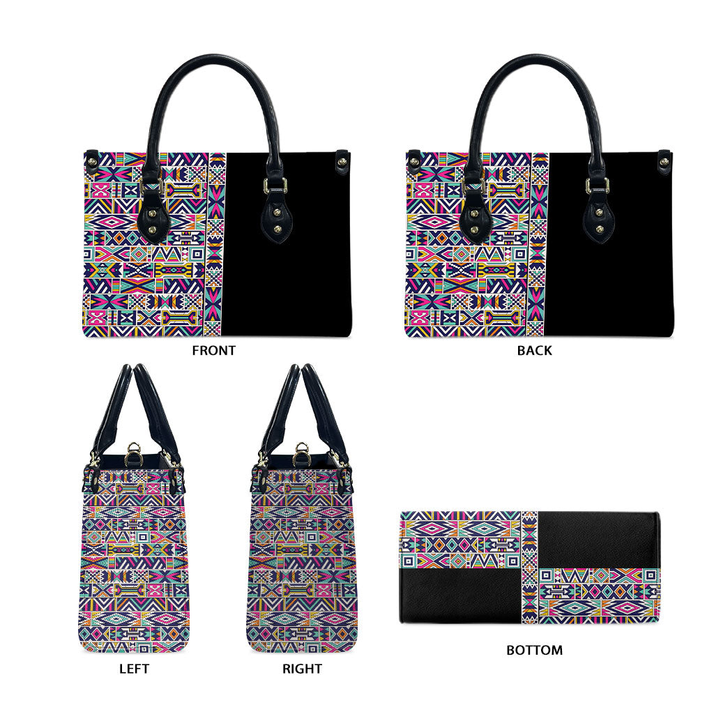 African Ndebele Art Patterns Leather Bag Black Half Style