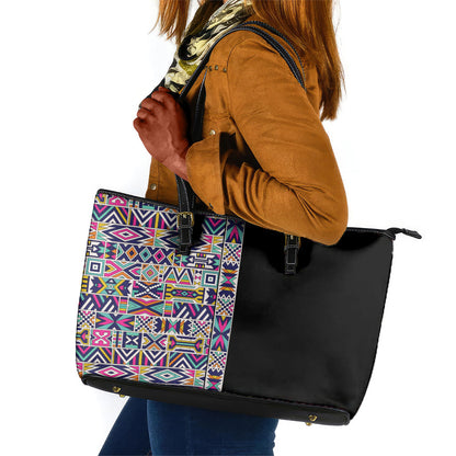 African Ndebele Art Patterns Leather Tote Bag Black Half Style