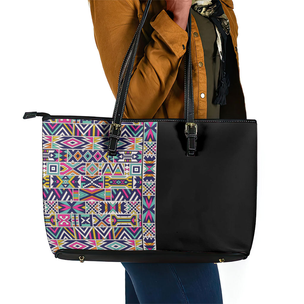 African Ndebele Art Patterns Leather Tote Bag Black Half Style