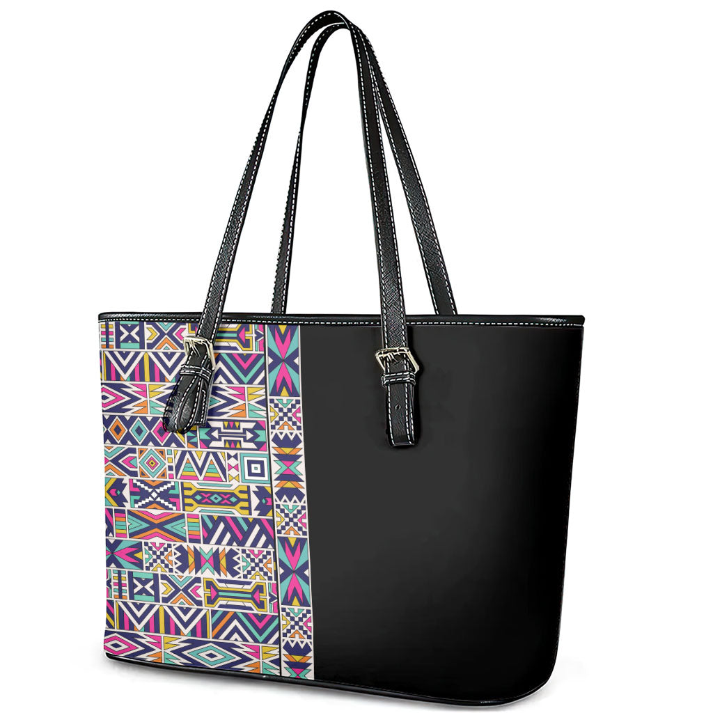 African Ndebele Art Patterns Leather Tote Bag Black Half Style