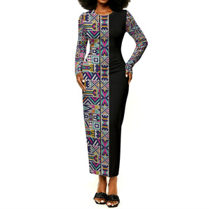 African Ndebele Art Patterns Long Sleeve Bodycon Dress Black Half Style